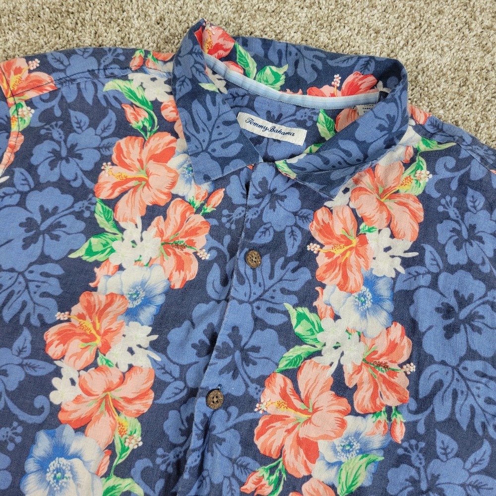Tommy Bahama Mens Large Blue AOP Floral Hawaiian Camp SS 100% Linen